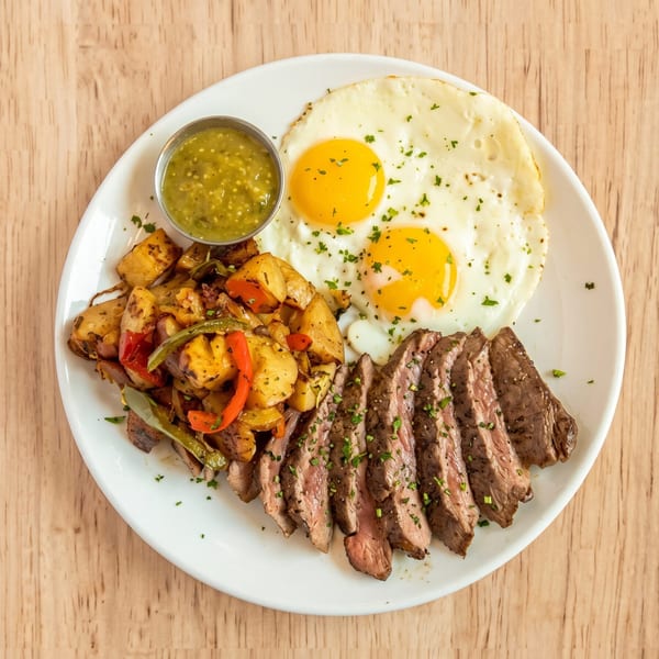 Steak and eggs breakfast with roasted potatoes, peppers, and a side of green salsa.