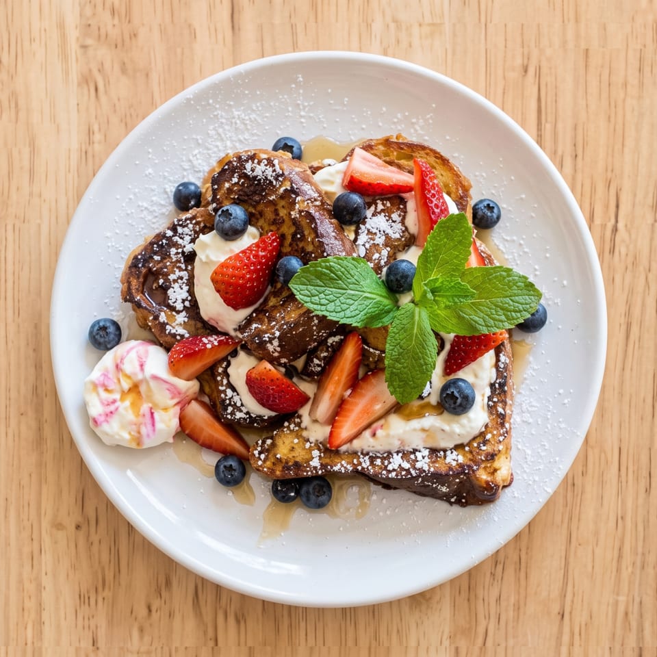 French toast with strawberries, blueberries, whipped cream, powdered sugar, and mint on a white plate.