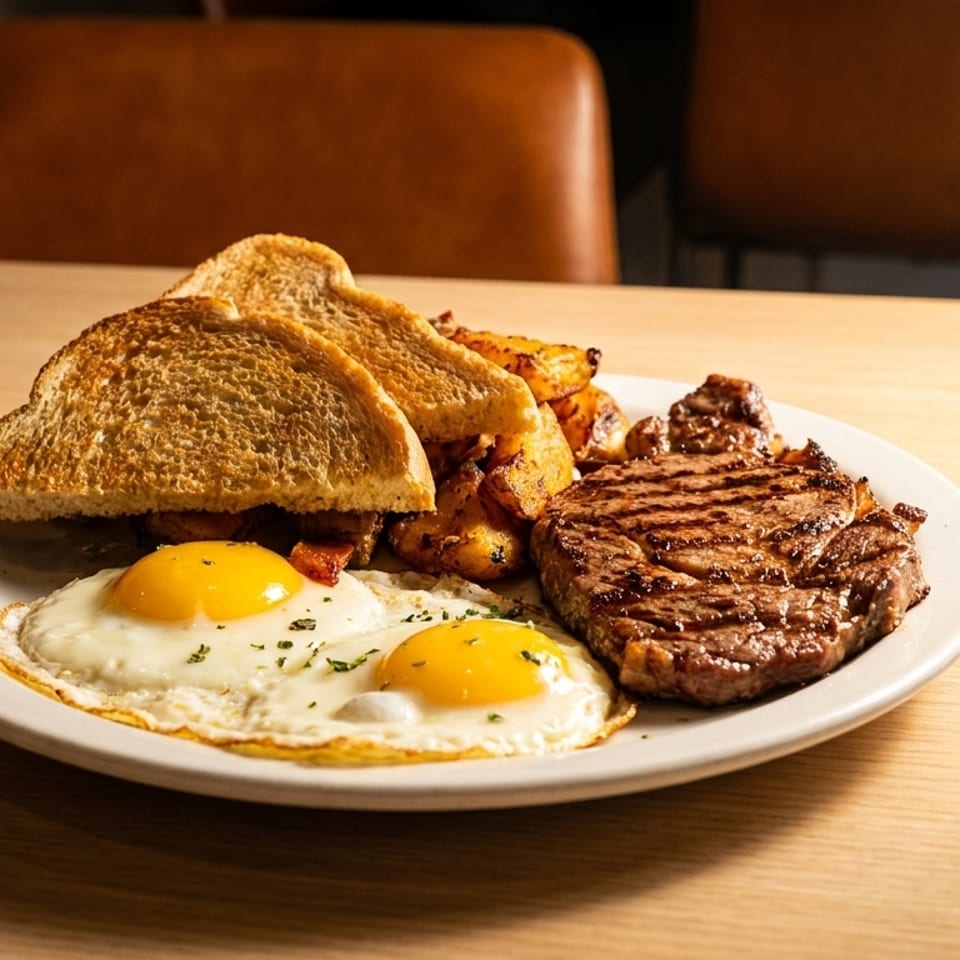 A breakfast plate with grilled steak, two fried eggs, toast, and roasted potatoes on a wooden table.