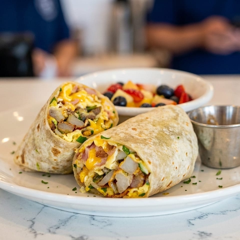Two breakfast burritos with fruit salad and sauce on a white plate on a marble counter.